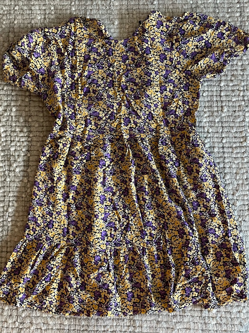 Floral Puff-Sleeve Dress in Yellow and Purple